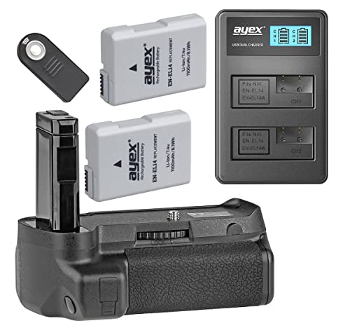 ayex Batteriegriff Passend für Nikon D3400 mit IR-Fernauslöser inkl. 2 x EN-EL14 Akku u. 1 x USB Dual- Ladegerät von ayex