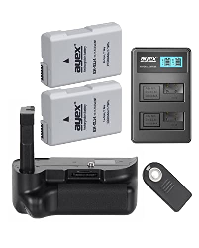ayex Batteriegriff Passend für Nikon D5100 D5200 wie BG-2G Inkl. IR-Fernauslöser + 2 x EN-EL14 Akku + 1 x USB Dual Ladegerät von ayex
