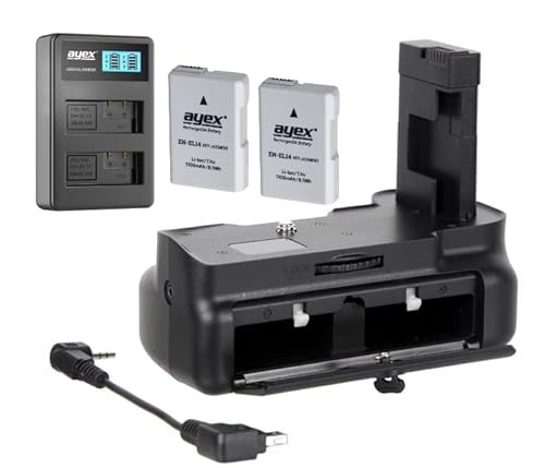 ayex Batteriegriff Passend für Nikon D5300, D3100, D3200, D3300 (wie BG-2F, MB-D3100), Inkl. 2 ayex EN-EL14 Akkus + USB Dual-Ladegerät von ayex