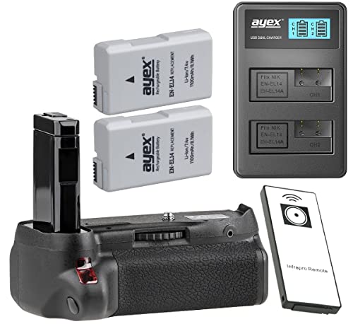 ayex Batteriegriff Passend für Nikon D5500 und D5600 mit IR-Fernauslöser (ähnlich MB-D5500) + 2X ayex EN-EL14 Akku + USB Dual-Ladegerät - Aktions-Paket zum Vorteilspreis, 100% kompatibel von ayex