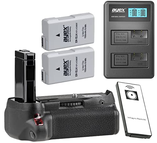 ayex Batteriegriff Passend für Nikon D5500 D5600 mit IR-Fernauslöser wie MB-D5500 + 2 x EN-EL14 Akku + USB Dual Ladegerät von ayex