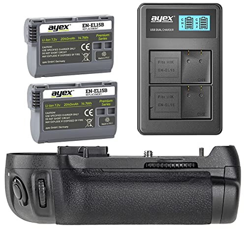 ayex Batteriegriff-Set Passend für Nikon D850 (ähnlich MB-D18) - Inkl. 2X ayex EN-EL15B Akku und USB Dual-Ladegerät - 3-TLG. Aktions-Paket zum Vorteilspreis, 100% kompatibel von ayex