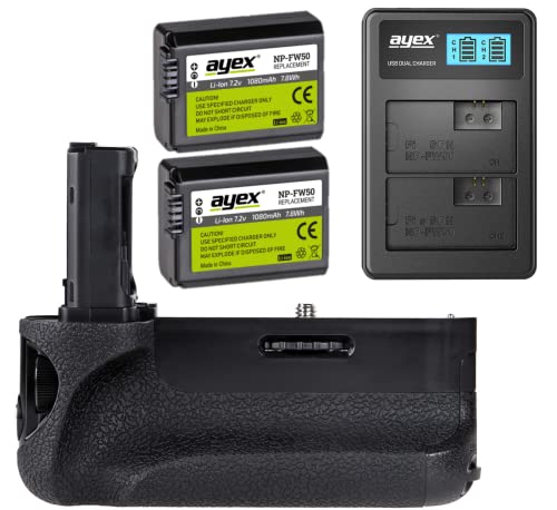 ayex Batteriegriff für Sony Alpha A7 II, A7R II, A7S II (ähnlich wie VG-C2EM) + 2X ayex Akku NP-FW50 + USB Dual-Ladegerät - Aktions-Paket zum Vorteilspreis 3-TLG. Set 100% kompatibel von ayex