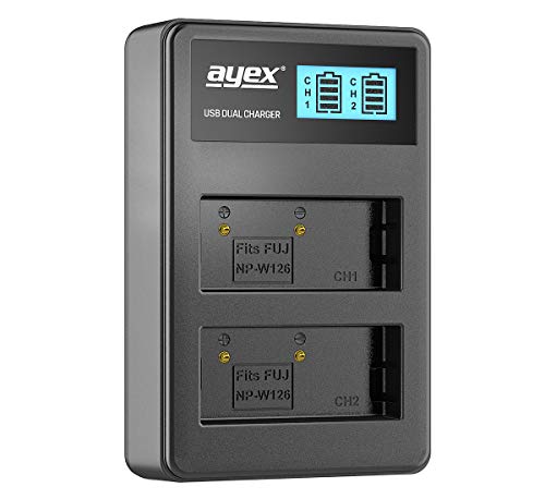 ayex Dual USB-Ladegerät Passend für Fujifilm NP-W126S Li-Ion-Akkus, Laden über USB Netzstecker, Laptop, Power Bank oder PC - LCD-Display mit Ladestandanzeige von ayex