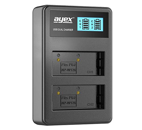 ayex USB Dual Ladegerät Kompatibel mit Fujifilm NP-W126S Akkus für zB X-T2 X-T3 X-T30 X-T30 II X-E3 X-Pro2 X-Pro3 X-H1 X-S10 X100V Lädt per USB zB an Laptop & Powerbank mit LCD-Ladestandanzeige von ayex