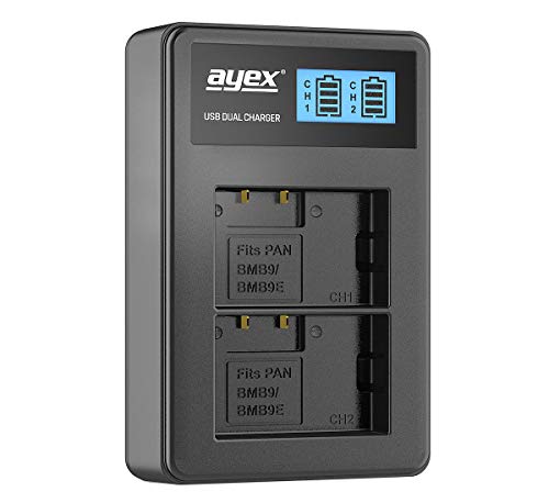 ayex Dual USB-Ladegerät Passend für Panasonic Akkus Typ: DMW-BMB9/DMW-BMB9E Lädt über USB Netzstecker, Laptop, Power Bank oder PC mit beleuchteten LCD-Display und Ladestandanzeige von ayex