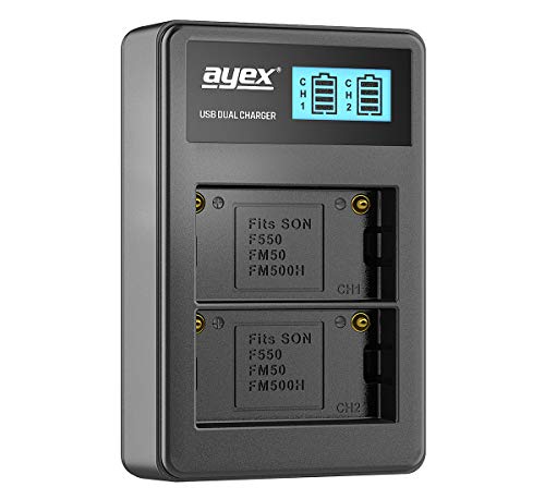 ayex USB Dual Ladegerät Kompatibel mit Sony NP-F550 NP-FM550H NP-FM50 Akkus Lädt per USB zB an Laptop & Powerbank mit LCD-Ladestandanzeige von ayex