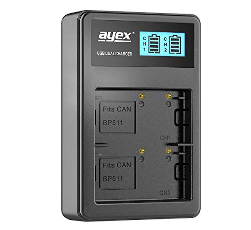 ayex Dual USB-Ladegerät für Canon BP-511a Li-Ion Akkus Laden über USB Netzstecker z.B. an Laptop, Power Bank oder PC Inkl. beleuchteten LCD-Display mit Ladestandanzeige von ayex