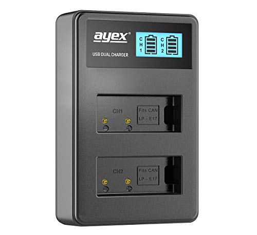 ayex Dual USB-Ladegerät für Canon LP-E17 Akkus - Laden über USB Netzstecker, Laptop, Power Bank oder PC - LCD-Display mit Ladestandanzeige von ayex