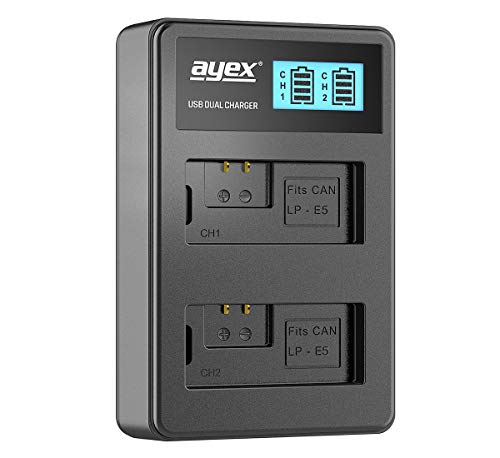 ayex Dual USB-Ladegerät für Canon LP-E5 Akkus für z.B. EOS 450D 500D 1000D Rebel Xsi T1i XS Lädt über USB Netzstecker, Laptop, Power Bank etc. Beleuchtetes LCD-Display und Ladestandanzeige von ayex
