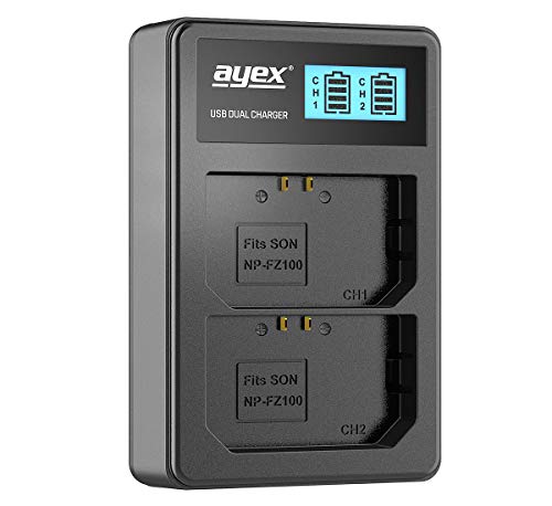 ayex USB Dual Ladegerät Kompatibel mit Sony NP-FZ100 Akkus für zB a7III a7rIII a7rIV a7sIII a1 a9 a9II a6600 FX3 Lädt per USB-C zB an Laptop & Powerbank mit LCD-Ladestandanzeige von ayex