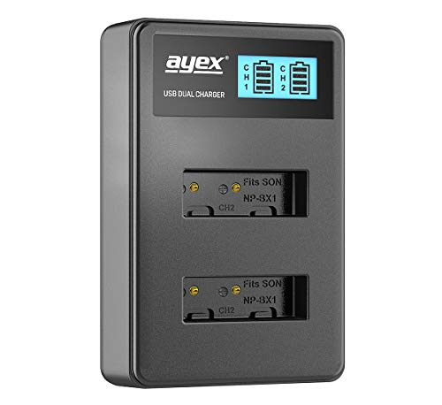 ayex Dual USB-Ladegerät für Sony NP-BX1 Li-Ion-Akkus Laden über USB Netzstecker, Laptop, Power Bank oder PC mit LCD-Display und Ladestandanzeige von ayex