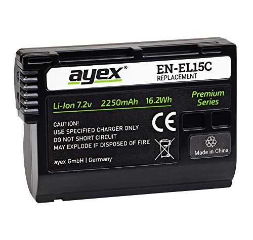 ayex EN-EL15C Premium-Akku Passend für Nikon Z7II Z7 Z8 Z5 D7500 D7000 D850 D800E D750 D610 D500 Leistungsstarker qualitativer Akku für längere Laufzeiten 2250mAh von ayex