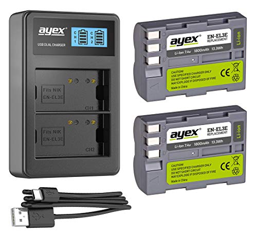 ayex Power-Paket mit 2 x ayex EN-EL3E Li-Ion Akku für Nikon + 1 x ayex USB Dual-Ladegerät von ayex