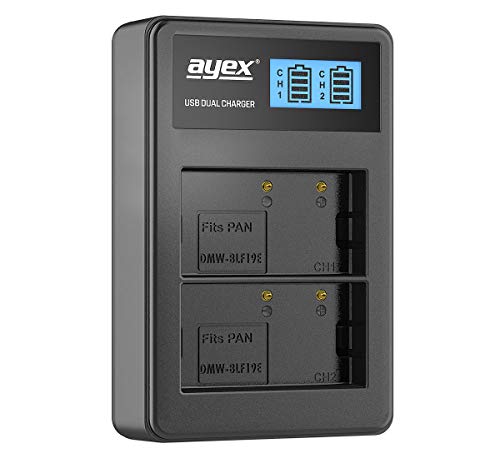 ayex USB Dual Ladegerät Kompatibel mit Panasonic DMW-BLF19E Akkus für zB DC-G9 DC-GH5 DC-GH5S DMC-GH3 DMC-GH4 Lädt per USB zB an Laptop & Powerbank mit LCD-Ladestandanzeige von ayex