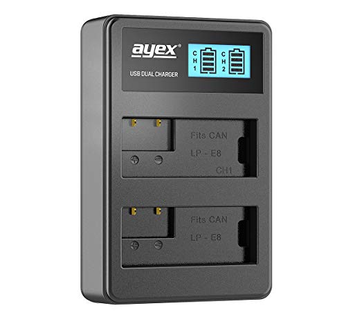 ayex USB Dual Ladegerät Kompatibel mit Canon LP-E8 Akkus für zB EOS 700D 650D 600D 550D Lädt per USB-C zB an Laptop & Powerbank mit LCD-Ladestandanzeige ayex USB Dual Ladegerät Kompatibel mit Canon LP-E8 Akkus für zB EOS 700D 650D 600D 550D Lädt per USB-C zB an Laptop & Powerbank mit LCD-Ladestandanzeige von ayex