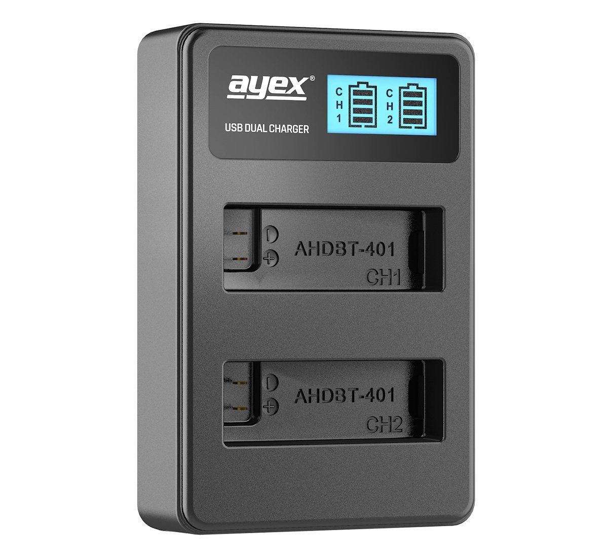 ayex USB Dual- Ladegerät für GoPro AHDBT-401 Akkus, Hero 4 (Black, Silver) Kamera-Ladegerät von ayex