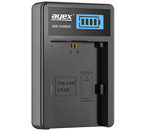 ayex USB-Ladegerät Passend für Canon Akkus Typ LP-E6 LP-E6N LP-E6NH - Laden über USB Netzstecker, Laptop, Power Bank oder PC - LCD-Display mit Ladestandanzeige von ayex