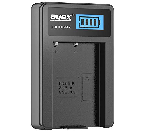 ayex USB-Ladegerät für Nikon Akku Typ EN-EL9/EN-EL9A - Laden über USB Netzstecker, Laptop, Power Bank oder PC - mit integrierten beleuchteten LCD-Display für Ladestandanzeige von ayex