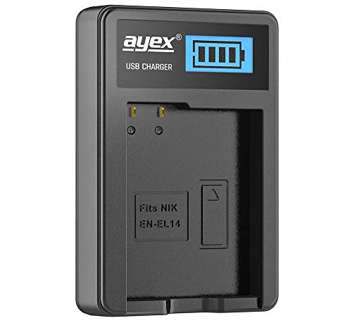 ayex USB-Ladegerät für Nikon EN-EL14 Akkus - Laden über USB Netzstecker, Laptop, Power Bank oder PC - LCD-Display mit Ladestandanzeige von ayex
