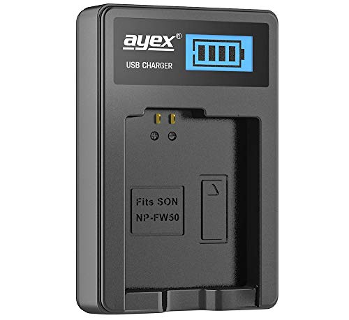 ayex USB-Ladegerät für Sony NP-FW50 Li-Ion Akku - Laden über USB Netzstecker z.B. an Laptop, Power Bank oder PC - Inkl. beleuchteten LCD-Display mit Ladestandanzeige von ayex