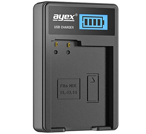 ayex USB-Ladegerät für für Nikon Akku Typ EN-EL15 - Laden über USB Netzstecker, Laptop, Power Bank oder PC - LCD-Display mit Ladestandanzeige von ayex