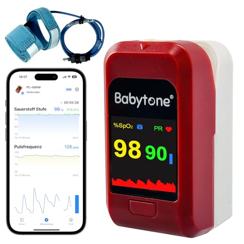 Babytone Pulsoximeter für Baby und Erwachsene, Blutsauerstoffmessgerät finger für Kinder, Oximeter mit Alarm für O2 sauerstoffsättigung und Herzfrequenz, kostenlose APP und Berichte von babytone