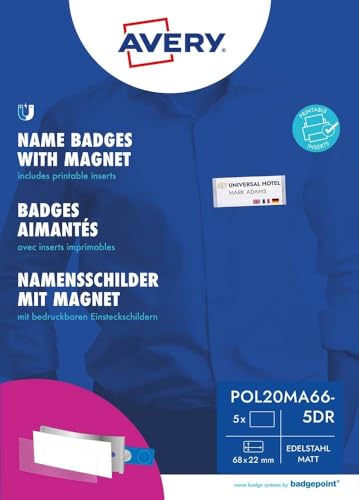AVERY Zweckform polar20 Namensschilder 5 Stück (68x22mm, 5 Schilder mit Magnet, verdrehsicher, mit blanko Einsteckschildern zum Bedrucken, magnetische Namensschilder für Kleidung) edelstahl matt von badgepoint