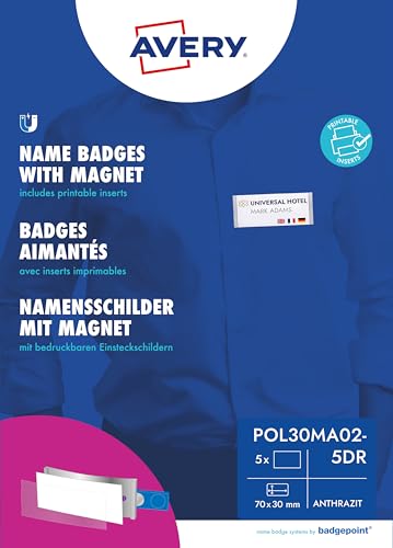 AVERY Zweckform polar30 Namensschilder 5 Stück (70x30mm, 5 Schilder mit Magnet, verdrehsicher, mit blanko Einsteckschildern zum Bedrucken, magnetische Namensschilder für Kleidung) anthrazit von badgepoint