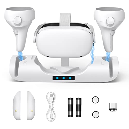 Verbesserte Ladestation mit LED-Licht für Oculus Quest 2, Ladestation mit 2 wiederaufladbaren Batterien für Meta Oculus Quest 2 Zubehör, Headset-Display-Ständer und Controller-Halterung, magnetisches von bainenjia