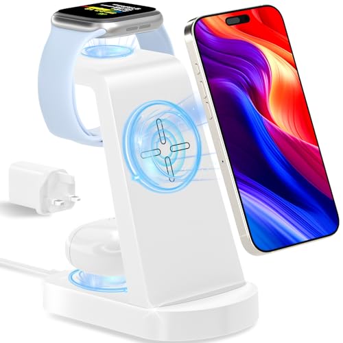 Wireless Charger 3 in 1, bakibo Wireless Charging Station Dock Ständer für iPhone 16/15/14/13/12/11 Watch 10/9/8/7/6, Air Pods 3/2/1/Pro (mit Adapter), Weiß von bakibo