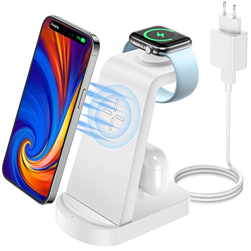 bakibo Induktive Ladestation, Wireless Charger 3 in 1 für iPhone 15/14/14 Plus/14 Pro/13/12/11/X/XS/8, Kabelloses Ladegerät für Apple Watch 8/Ultra/7/6/SE, AirPods 3/2/1/pro (mit Ladegerät), Weiß von bakibo