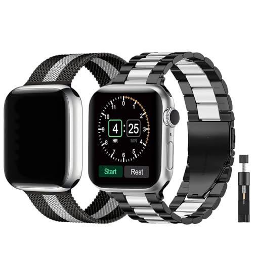 baklon 2 Stuck Armband Kompatibel mit Apple Watch Armband Series SE/SE2/Ultra2/Ultra/10 9 8 7 6 5 4 3 2 1, 42mm(Series 3/2/1)/44mm/45mm/49mm/46mm, Edelstahl Metall Ersatzarmbänder, Schwarz auf Silber von baklon