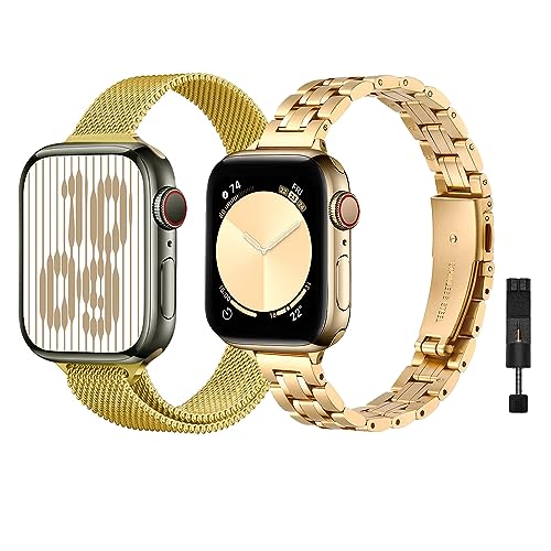 baklon Pack 2 Metallarmbänder Kompatibel mit Apple Watch Armband 38/40/41mm, Edelstahl Mesh Loop Ersatz Armband Kompatibel mit iWatch Serie Ultra2/Ultra/SE2/SE/9 8 7 6 5 4 3 2 1,Gold von baklon