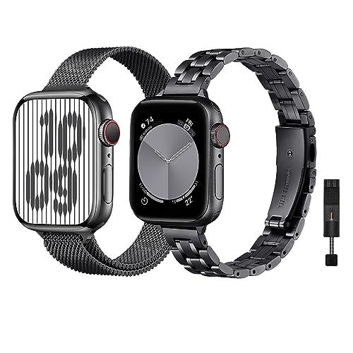 baklon Pack 2 Metallarmbänder Kompatibel mit Apple Watch Armband 42/44/45/49mm, Edelstahl Mesh Loop Ersatz Armband Kompatibel mit iWatch Serie Ultra2/Ultra/SE2/SE/9 8 7 6 5 4 3 2 1,Schwarz von baklon