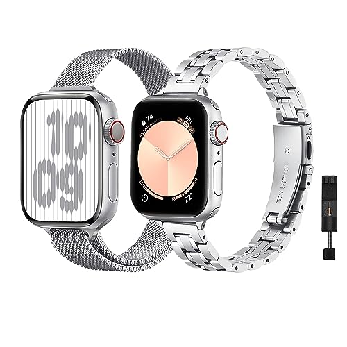 baklon Pack 2 Metallarmbänder Kompatibel mit Apple Watch Armband 42/44/45/49mm, Edelstahl Mesh Loop Ersatz Armband Kompatibel mit iWatch Serie Ultra2/Ultra/SE2/SE/9 8 7 6 5 4 3 2 1,Silber baklon Pack 2 Metallarmbänder Kompatibel mit Apple Watch Armband 42/44/45/49mm, Edelstahl Mesh Loop Ersatz Armband Kompatibel mit iWatch Serie Ultra2/Ultra/SE2/SE/9 8 7 6 5 4 3 2 1,Silber von baklon