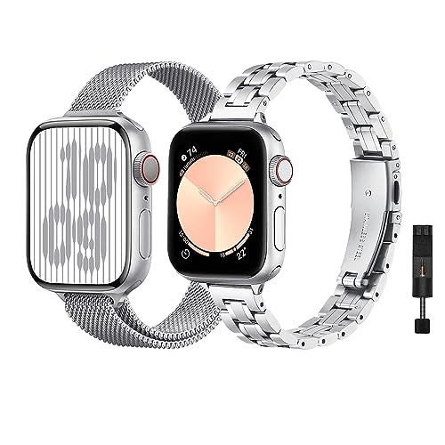 baklon Pack 2 Metallarmbänder Kompatibel mit Apple Watch Armband 42/44/45/49mm, Edelstahl Mesh Loop Ersatz Armband Kompatibel mit iWatch Serie Ultra2/Ultra/SE2/SE/9 8 7 6 5 4 3 2 1,Silber von baklon