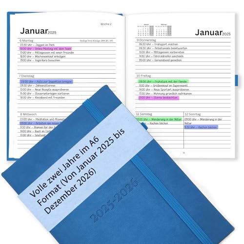 Planer 2025 und 2026 A6 (Jan 2025 - Dez 2026) für 2 Jahre | Kalender Buchkalender 2025-2026 als Terminkalender, Terminplaner, Agenda | Wochenplaner als Organizer auf Deutsch Blau von bandeax