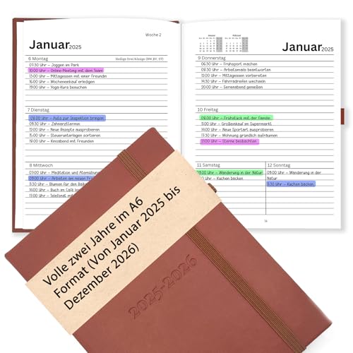 Planer 2025 und 2026 A6 (Jan 2025 - Dez 2026) für 2 Jahre | Kalender Buchkalender 2025-2026 als Terminkalender, Terminplaner, Agenda | Wochenplaner als Organizer auf Deutsch Braun von bandeax