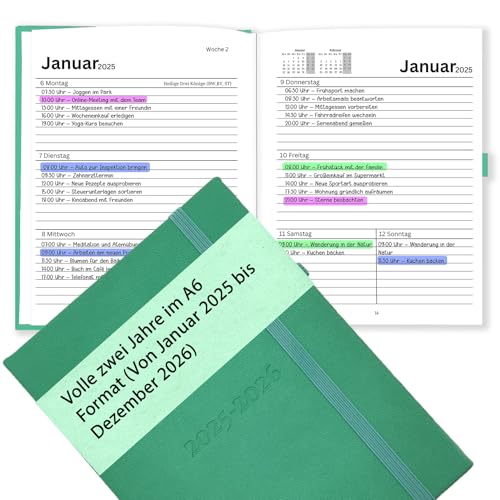 Planer 2025 und 2026 A6 (Jan 2025 - Dez 2026) für 2 Jahre | Kalender Buchkalender 2025-2026 als Terminkalender, Terminplaner, Agenda | Wochenplaner als Organizer auf Deutsch Grün von bandeax