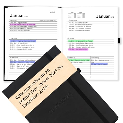 Planer 2025 und 2026 A6 (Jan 2025 - Dez 2026) für 2 Jahre | Kalender Buchkalender 2025-2026 als Terminkalender, Terminplaner, Agenda | Wochenplaner als Organizer auf Deutsch Schwarz von bandeax