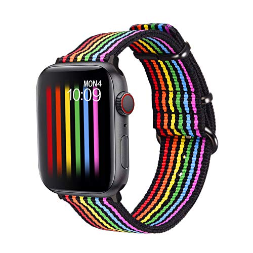 Bandmax Armband kompatibel für Apple Watch 38mm/40mm, Schwarz Nylon Gewebe Uhrenarmband mit LGBT Regenbogen Muster Homosexuell Ersatzarmband mit schwarz Schnalle für iWatch Series 6/5/4/3/2/1/SE von bandmax