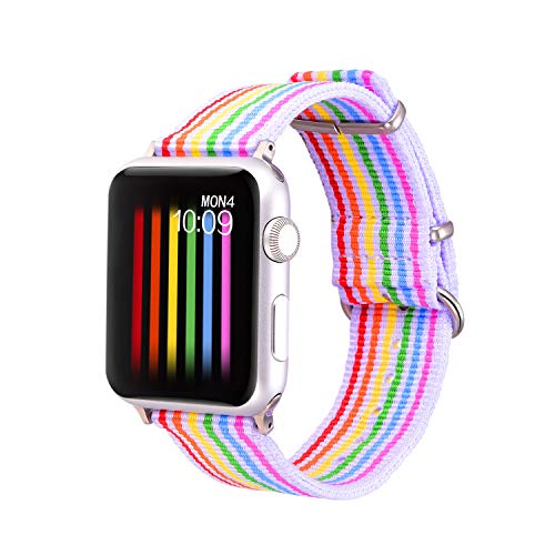 Bandmax Armband kompatibel für Apple Watch 42mm/44mm, LGBT Regenbogen Uhrenarmband Weiß Nylon Gewebe Ersatzarmband mit Edelstahl Schnalle Accessoire für Apple Watch Series 6/5/4/3/2/1/SE von bandmax