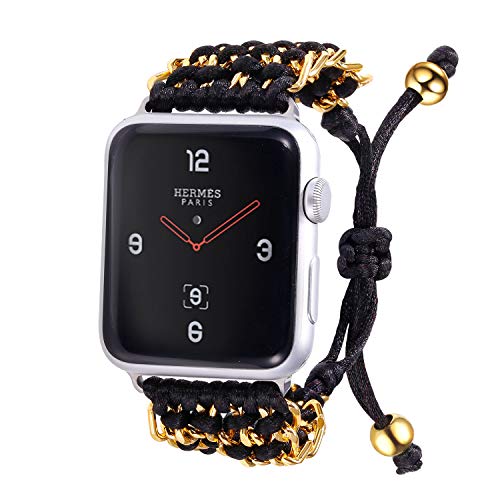Bandmax Surferarmband kompatibel mit Apple Watch Series 6/5/4/3/2/1 38mm 40mm handgefertigt geflochten schwarz Nylon mit vergoldet Kette Ersatzarmband Damen Herren Uhrenarmband für iWatch Sport von bandmax