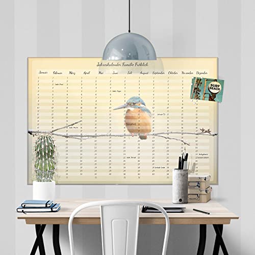 banjado® Wandkalender abwischbar aus Glas 90x60 cm/Jahresplaner abwischbar mit Motiv Eisvogel Stillleben/langlebiger Jahreskalender, Urlaubsplaner & Familienplaner abwischbar von banjado