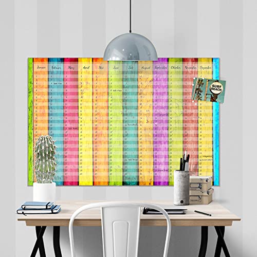 banjado® Wandkalender abwischbar aus Glas 90x60 cm/Jahresplaner abwischbar mit Motiv Regenbogen Holz/langlebiger Jahreskalender, Urlaubsplaner & Familienplaner abwischbar von banjado