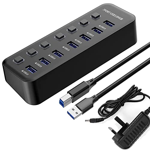 Powered USB Hub, 7 Port USB 3.0 Data Hub USB Extension Splitter with Individual On/Off Switch for Laptop/PC/Desktop/PS4/Notebook/More (7-Port, Included 5V/2A Netzteil) von baolongking