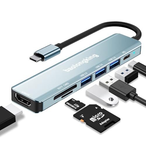 USB C Hub, 7 in 1 USB-C Multiport Adapter mit 100W PD, 4K HDMI, 3 * USB-A Datenanschlüsse, SD & TF Karten für MacBook Air/Pro, iPad Pro, Chromebook, Huawei, Galaxy, Laptop usw von baolongking