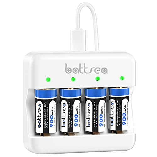 Battsea 900mAh 123A wiederaufladbare Lithium-Batterie 4-Pack 3.7V mit Schnellladegerät, kompatibel mit Arlo Kamera Taschenlampen Mikrofon Rauchmelder Elektrischer Rasierer Wecker Rechner von battsea