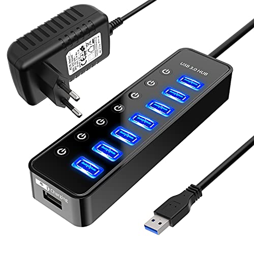 USB 3.0 Hub Netzteil, 7 Anschlüsse USB 3.0 Datenübertragung, 1 intelligenter Ladeanschluss, mit Schalter und Netzteil 20 W (5 V/4 A) von bauihr